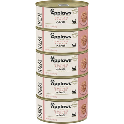 Alimento Húmedo, Ingredientes Limitados Filete de Atún y Salmón en Broth. 70 g, caja de 5. - Applaws