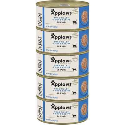 Alimento Húmedo, Ingredientes Limitados Filete de Atún y Cangrejo en Broth. 70 g, caja de 5. - Applaws
