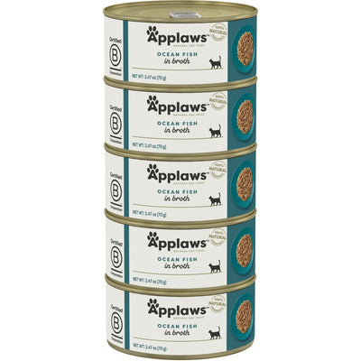 Alimento Húmedo, Ingredientes Limitados Pescado de Mar en Broth. 70 g, caja de 5. - Applaws