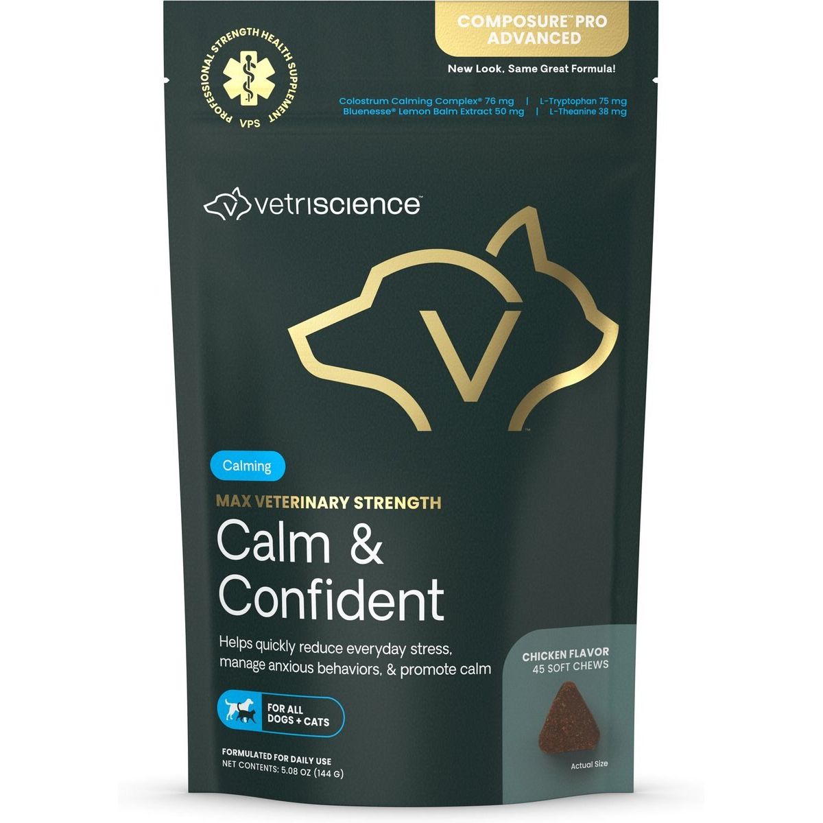 Max Veterinary Strength Calm & Confident Thunderstorms Support, sabor Pollo. 45 unidades.