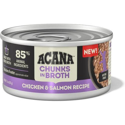 ACANA, Chunks in Broth Kitten, pollo + salmón en caldo, alimento húmedo para gatitos, 85 g × 12 / 155 g × 6 latas