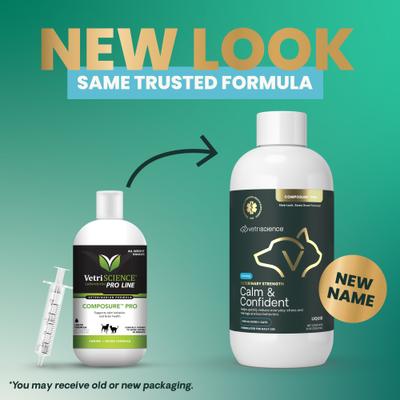 Suplemento calmante líquido Veterinary Strength Calm & Confident Composure Pro para perros y gatos, botella de 8 onzas líquidas