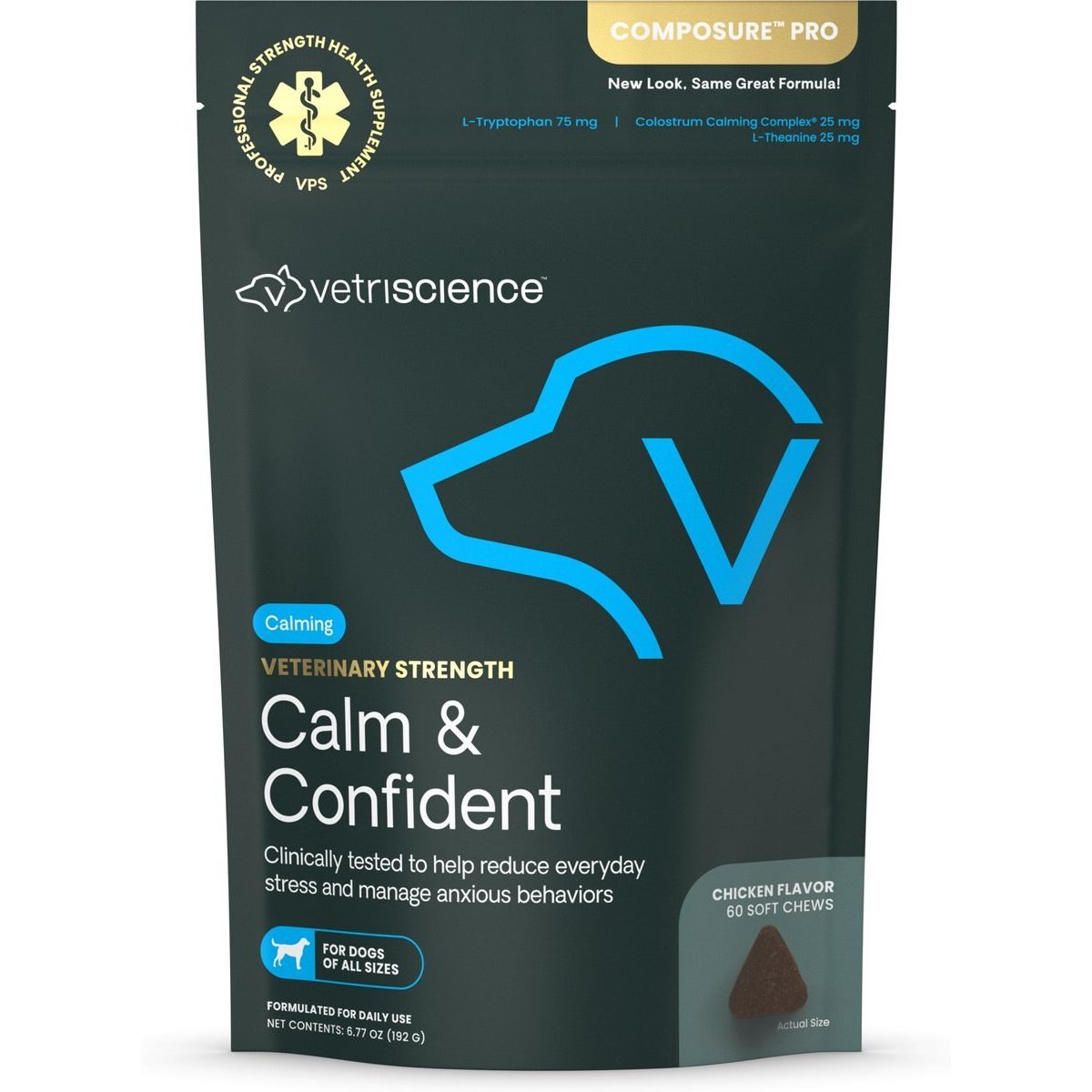 Veterinary Strength Calm & Confident Thunderstorms Support Composure Pro, sabor Pollo. 60 unidades.