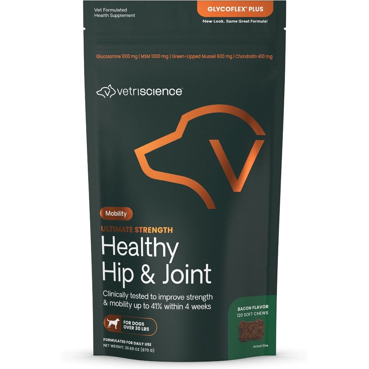 GlycoFlex Plus Chews Joint Supplement for Medium & Large Dogs, sabor Tocino. 120 chews.