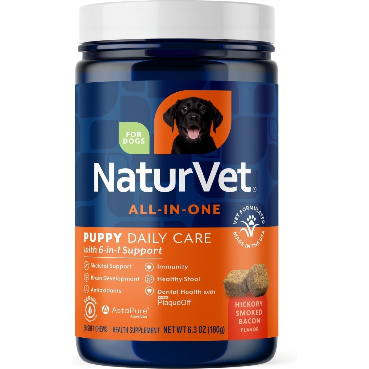 Puppy Daily Care All-In-One Supplement , 60 coun, sabor Tocino Ahumado Hickory. 1 unidad.