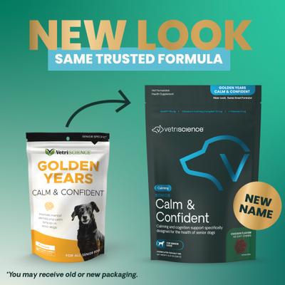 Golden Years Senior Calm & Confident - Masticables con sabor a pollo y calostro, suplemento calmante y para la salud cerebral de perros mayores, 60 unidades