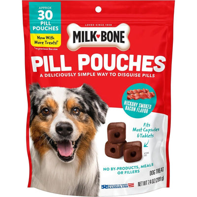 Pill Pouches Soft & Chewy sabor Tocino Ahumado Hickory. 30 chews. - Milk-Bone