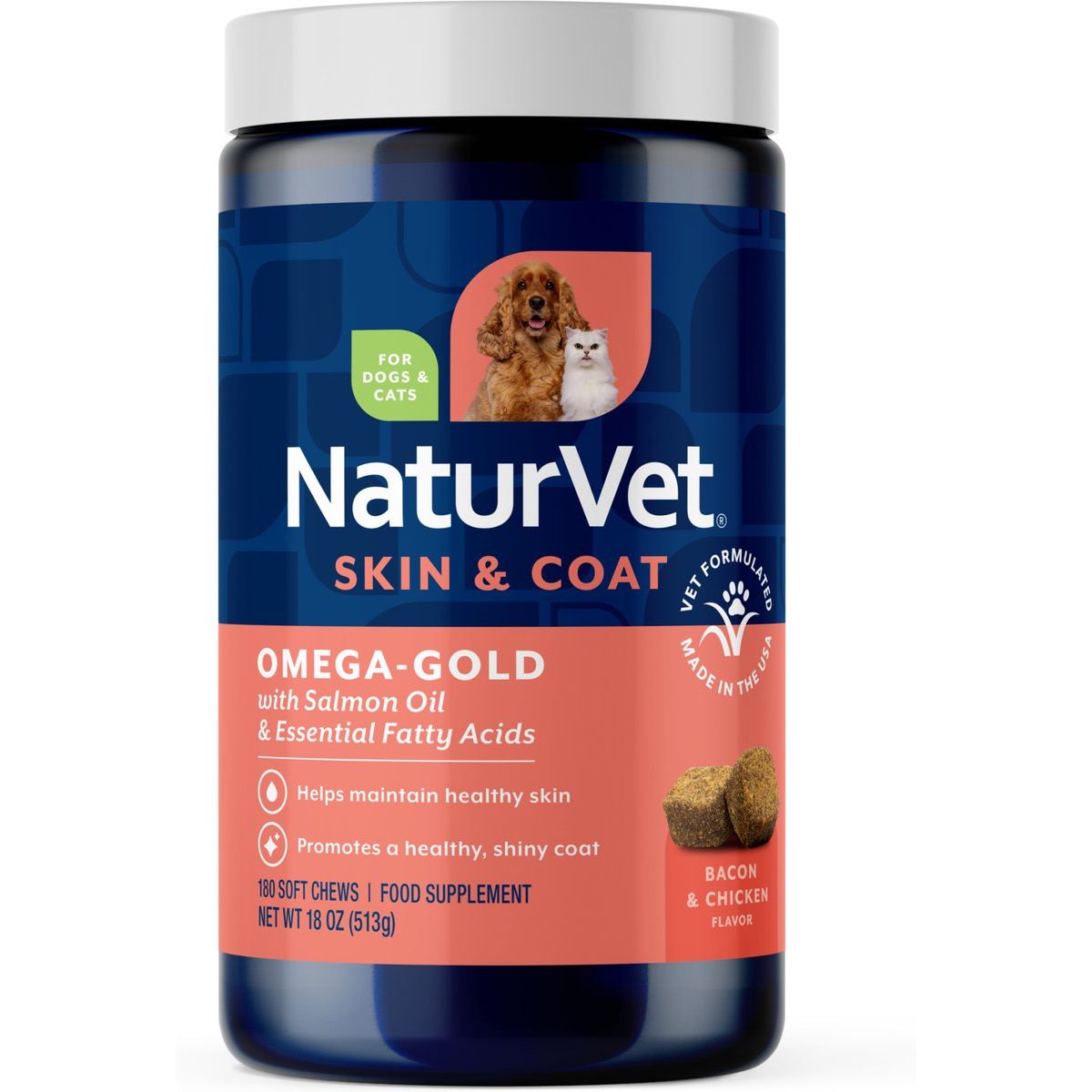 Omega-Gold Skin & Coat Supplement, sabor Tocino y Pollo. 180 unidades.