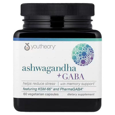 Youtheory, Ashwagandha y GABA. 60 Vcaps.