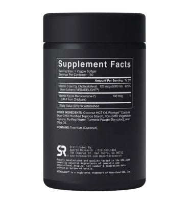 Vitamina D3 5000 IU + K2 125 mcg, vegana. 160 V-softgels.