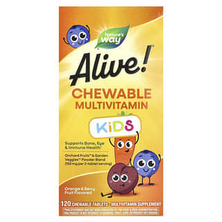 Alive! Niños, Masticable Multivitamínico, 2+ Años, Naranja y Berry Fruta, 120 Tabs Masticables