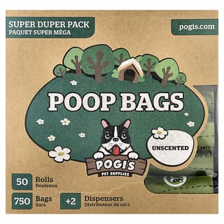 Poop Bags, Super Duper Pack, Unscented, 50 Rolls, 750 Bags, 2 Dispensers