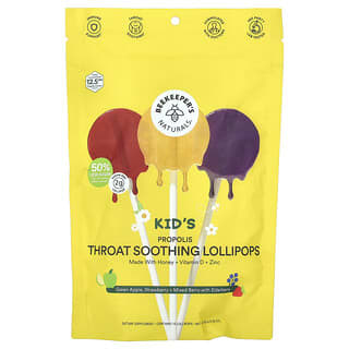 Niños Propolis Throat Soothing Lollipops, Green Apple, Fresa + Mixed Berry con Elderberry, 15 Lollipops