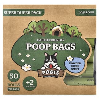 Earth Friendly Poop Bags, Super Duper Pack, Powder Fresh, 50 Rolls, 750 Bags, 2 Dispensers