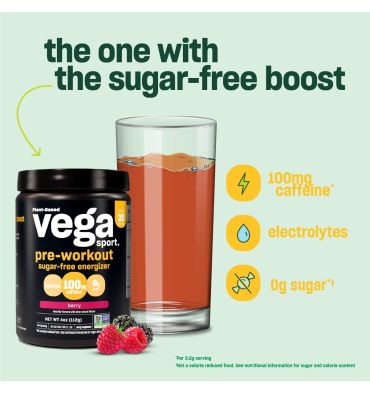 Vega Sport, Soporte para Rendimiento Físico, libre de Azúcar, antes de ejercico, sabor Berry, 122 gr.
