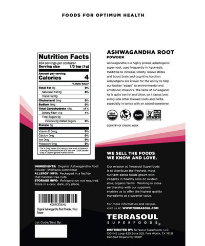 Terrasoul Superfoods, Raíz de Ashwagandha Orgánica en Polvo. 454 gr.