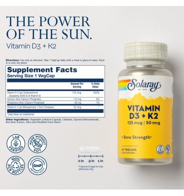 Vitamina D3 125 mcg (5000 IU) + K2 50 mcg. 120 V-caps.