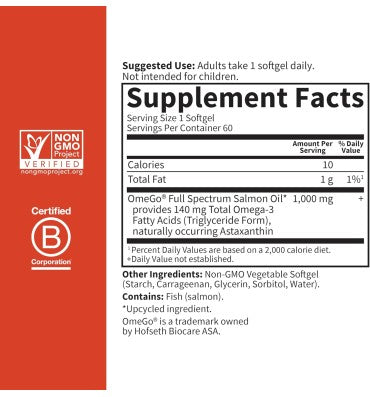 Omega 3 de amplio espectro de Aceite de Salmón, 1 al día. 60 softgel
