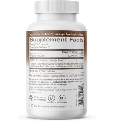 Mezcla de Hongos Orgánicos Brain Fuel, Melena de León, Reishi y Folato. 90 caps.