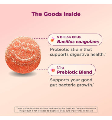 OLLY, Prebiotic and Probiotic, soporte sistema Digestivo sabor Durazno. 30 y 60 gomitas