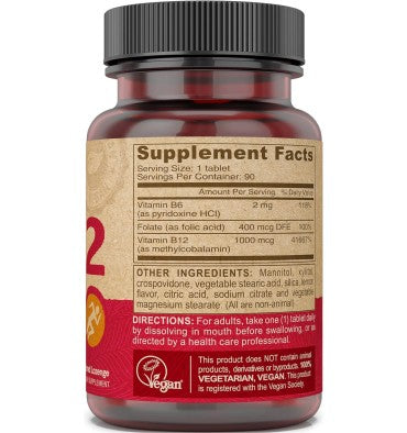 Vitamina B12, Ácido Fólico y B-6 de rápida disolución Vegetariana. 90 tabs.