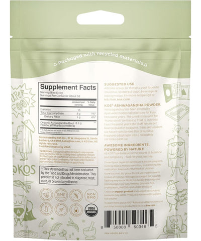 KOS, Polvo de Ashwagandha Orgánica. 175 gr
