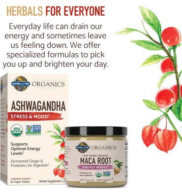 Garden of Life Organics, Ashwagandha y Gengibre Orgánico. 60 Vtabs