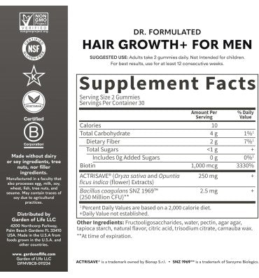 Garden of Life Dr. Formulated, Soporte para Cabello fuerte con Biotina y Extractos Naturales, sabor Berries. 60 gomitas