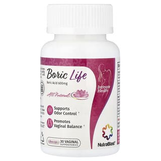 Boric Life, Ácido Bórico, 600 mg, 30 Supositorios Vaginales, 30 Vaginal supositorios