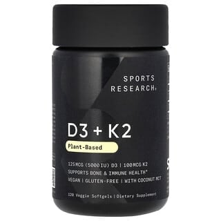 Sports Research, Vitamina D3 (125 mcg) y K2 (100 mcg). 120 Vsoft