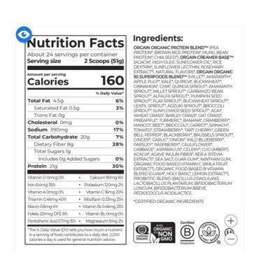 Proteína Orgánica, Vegana y Superfoods, sabor Vainilla. 1.2 kg.