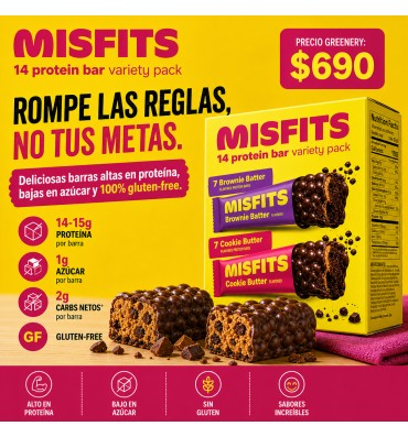 Misfits; Barras de Proteína bajas en Azúcar, 2 sabores. 14 barras