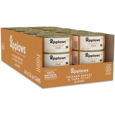 Alimento Húmedo, Pechuga de Pollo y Filete de Atún en Broth. 156 g, caja de 24. - Applaws