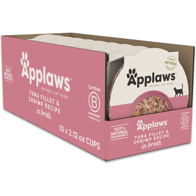 Alimento Húmedo Cups, Filete de Atún y Camarón Recipe en Broth. 60 g, caja de 10. - Applaws