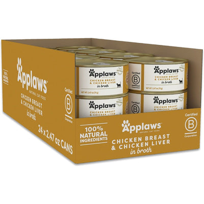 Alimento Húmedo, Pechuga de Pollo y Liver en Broth. 70 g, caja de 24. - Applaws