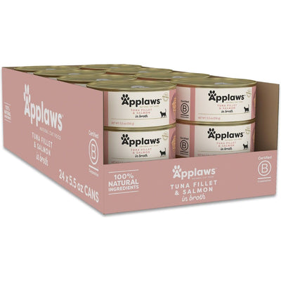 Alimento Húmedo, Ingredientes Limitados Atún y Salmón en Broth. 156 g, caja de 24. - Applaws
