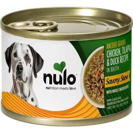 Nulo, Savory Stews Ancient Grains Beef & Seabass, Res + Lubina + Calabaza + Quinoa Roja en Caldo, Cachorros y Adultos, 170 g × 8 latas