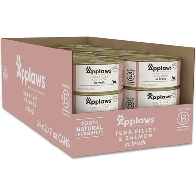 Alimento Húmedo, Ingredientes Limitados Atún y Salmón en Broth. 70 g, caja de 24. - Applaws