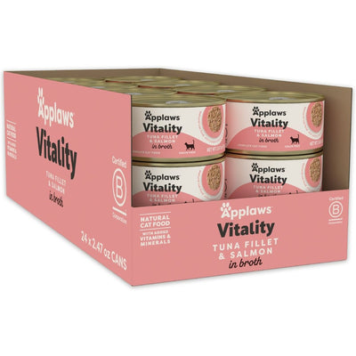 Vitality Alimento Húmedo, Vitality Filete de Atún y Salmón en Broth. 70 g, caja de 24. - Applaws