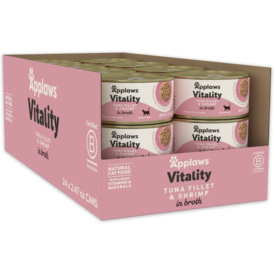 Vitality Alimento Húmedo, Vitality Filete de Atún y Camarón en Broth. 70 g, caja de 24. - Applaws