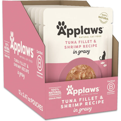 Alimento Húmedo, Hojuelas de Atún with Camarón en Gravy. 70 g, caja de 12. - Applaws
