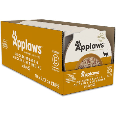 Alimento Húmedo Cups, Pechuga de Pollo y Pollo Liver Recipe en Broth. 60 g, caja de 10. - Applaws