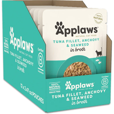Alimento Húmedo, Atún with Whole Anchoa y Alga en Broth. 70 g, caja de 12. - Applaws