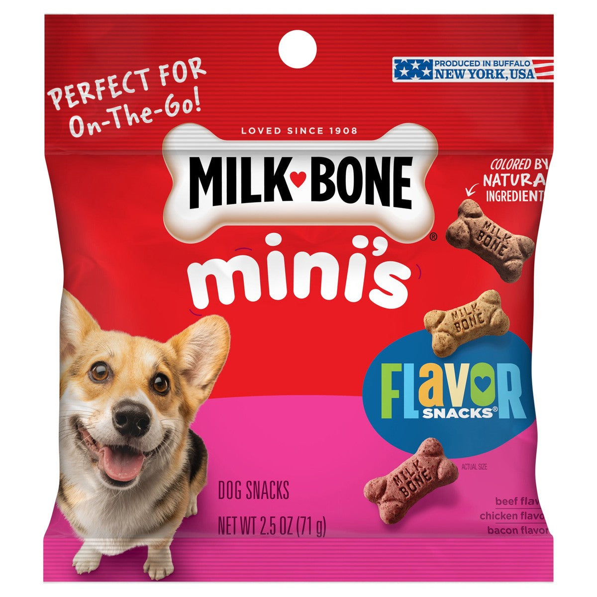 Milk-Bone Mini’s Flavor Snacks To-Go, bolsa individual de 2.5 oz (71 g), fotografía exacta