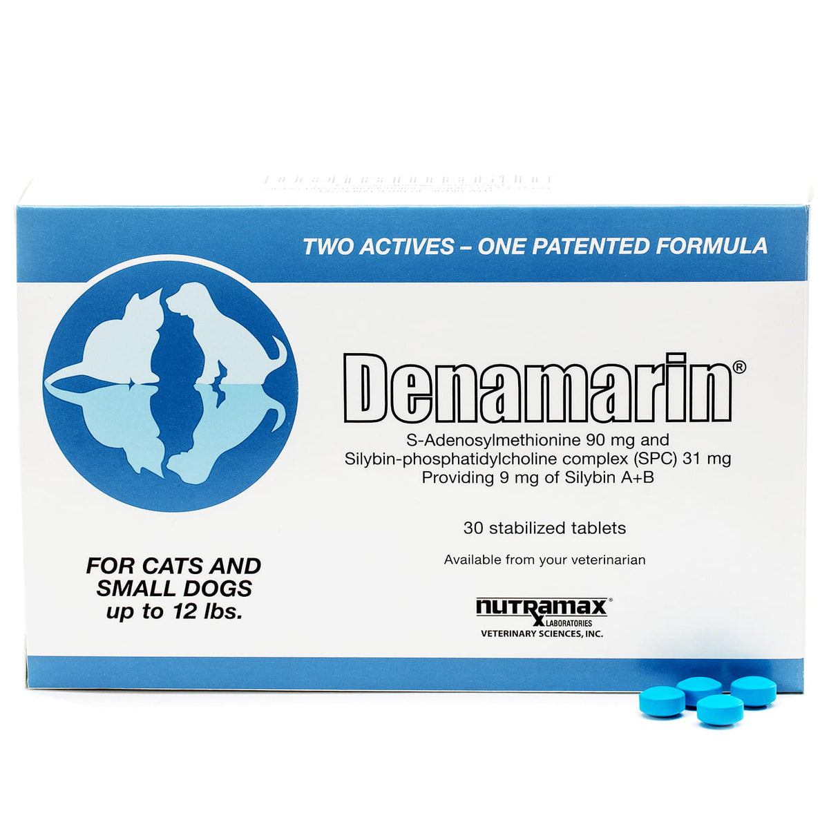 Nutramax Denamarin 90 mg, caja con blíster de 30 tabletas para gatos y perros pequeños