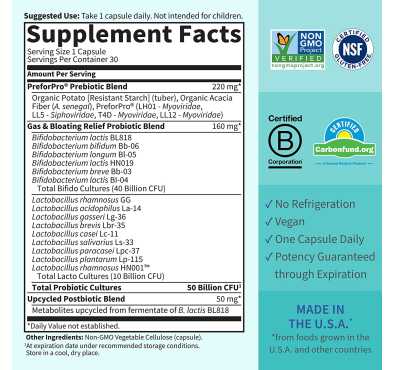 Probióticos Gases e Inflamación. Pre+Probiótico+Post, 50 billiones. 30 Vcaps