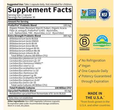 Probióticos Extra Fuertes 100 billones. Pre+Probiótico+Post. 30 Vcaps