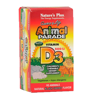 NATURES PLUS, Animal Parade Vitamina D3 sabor Cereza – 500 IU, 90 Chew