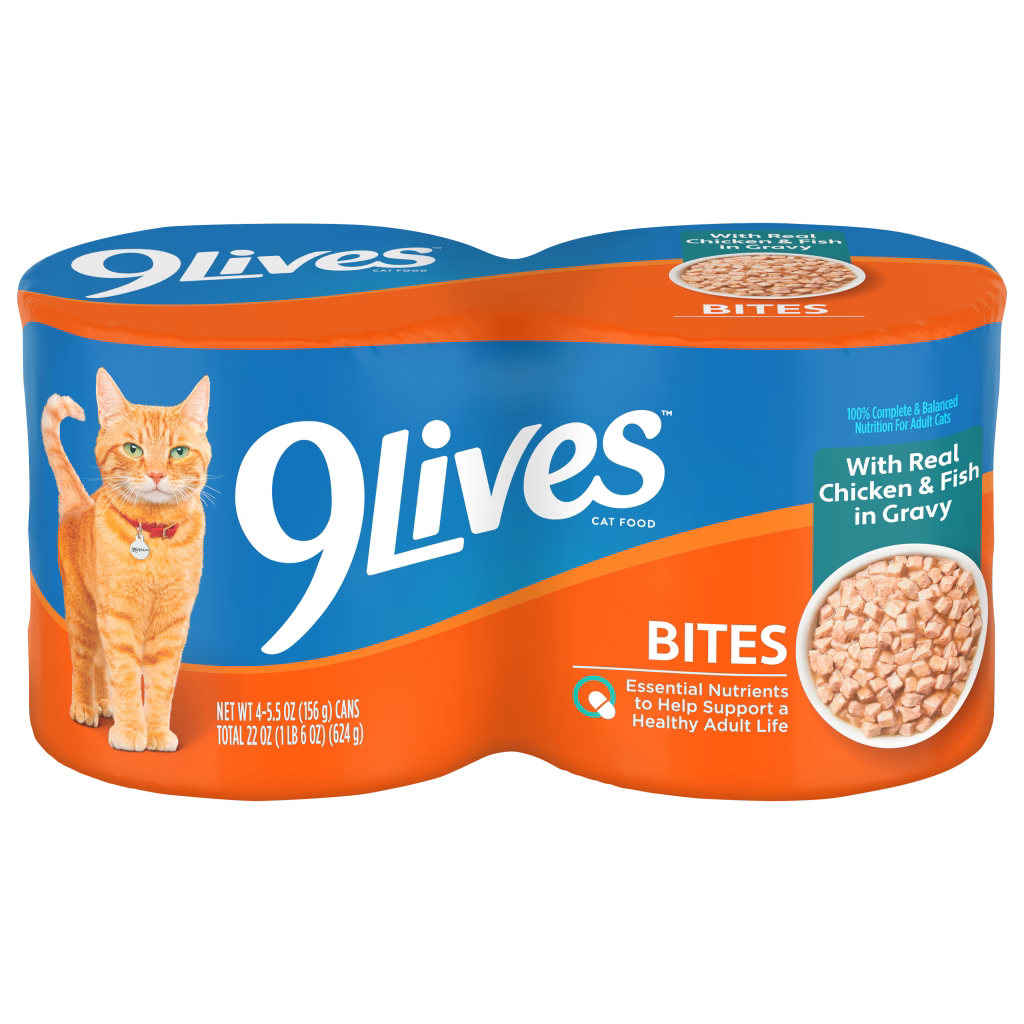 9Lives Bites con pollo y pescado en salsa, empaque oficial de 4 latas de 156 g
