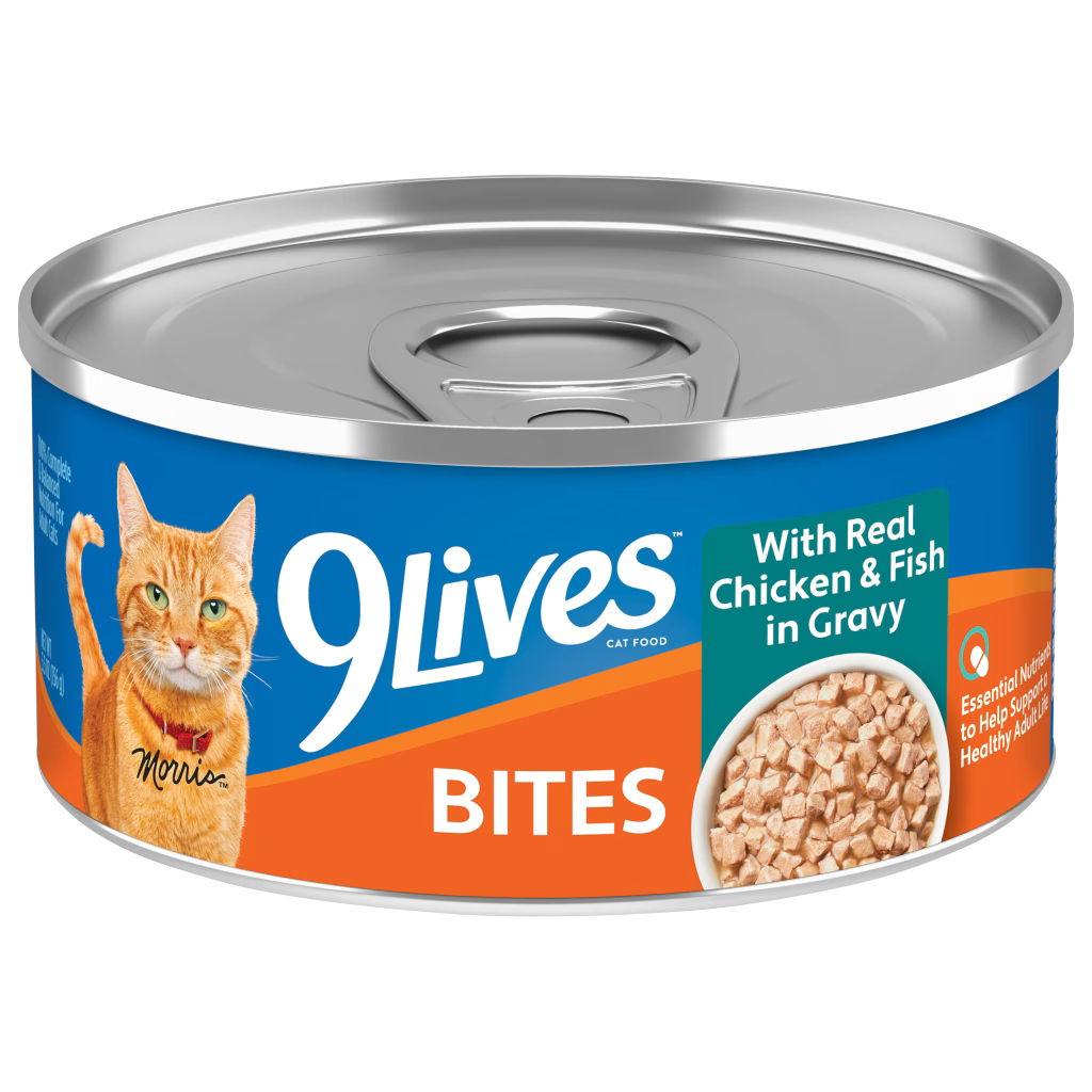 9Lives Bites pollo y pescado en salsa, fotografía oficial de la receta (lata individual; unidad de venta: caja de 24 latas)